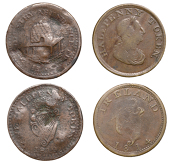 Not Local: ‘From Industry Abundance Flows’, Halfpenny, 1819, 7.54g/6h (W 1985a); ‘Halfpenny Token’,...