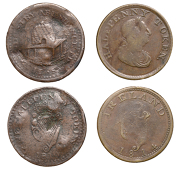 Not Local: ‘From Industry Abundance Flows’, Halfpenny, 1819, 7.54g/6h (W 1985a); ‘Halfpenny Token’,...