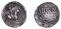 British Iron Age, CANTIACI, Sego (5-15 AD), silver Unit, seco on panel, twisted rope pattern around, rev. warrior on...