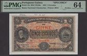 Banco Nacional Ultramarino, Portuguese Guinea, printers archival specimen 5 Escudos, 1 January 1921, serial number...