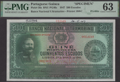 Banco Nacional Ultramarino, Portuguese Guinea, printers archival specimen 500 Escudos, 27 March 1947, serial number...