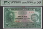 Banco Nacional Ultramarino, Portuguese Guinea, printers archival specimen 500 Escudos, 20 November 1958, serial...