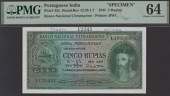 Banco Nacional Ultramarino, Portuguese India, printers archival specimen 5 Rupias, 29 November 1945, serial number...