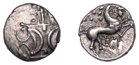British Iron Age, ICENI, Ecen (c. AD 10-43), silver Unit, Stepping Horse type, double crescent emblem on vertical...