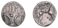 British Iron Age, ICENI, Ecen (c. AD 10-43), silver Unit, Corn Ear type, double crescent emblem on vertical wreath,...