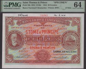Banco Nacional Ultramarino, St Thomas & Prince, printers archival specimen 50 Escudos (2), 21 March 1944, serial...