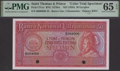 Banco Nacional Ultramarino, St Thomas & Prince, colour trial 50 Escudos, ND (1958), serial number B000000, red...