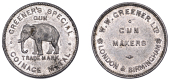 BIRMINGHAM and LONDON, W.W. Greener Ltd., c. 1920, an aluminium advertising Token, elephant left, rev. gun makers,...