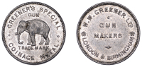 BIRMINGHAM and LONDON, W.W. Greener Ltd., c. 1920, an aluminium advertising Token, elephant left, rev. gun makers,...
