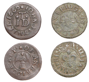 17th Century Tokens, SOMERSET, Axbridge, William Hopkins, Farthing, 1656, 0.98g/6h (N 3943; BW. 2); John Tuthill,...