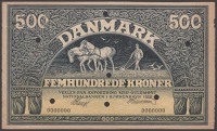 Nationalbanken I Kjobenhavn, Denmark, specimen 500 Kroner, 1919, serial number 0000000, seven cancellation holes,...