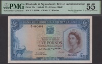 Bank of Rhodesia and Nyasaland, £5, 3 April 1956, serial number Y/1 000001, Grafftey-Smith signature, in PMG holder...
