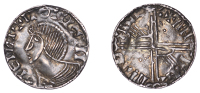 Hiberno-Scandinavian Period, Phase III, Penny, bust left, hooked nose and wedge lips, rev. long voided cross with...