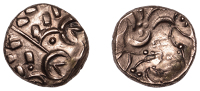 British Iron Age, Corieltauvi, Uninscribed issues, Stater, South Ferriby type, devolved head of Apollo, rev....