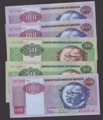 Banco Nacional de Angola, 100 Kwanzas, 11 November 1987, serial number AH 5000100, also 50 Kwanzas (2) and 100...