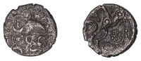 British Iron Age, BELGAE, Uninscribed issues, silver Unit, Danebury Crescents, crossed wreaths, one of crescents,...
