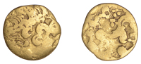 British Iron Age, GALLO-BELGIC, Uninscribed Coinage, Quarter-Stater, Gallo-Belgic Aa2, wreathed head of Apollo...