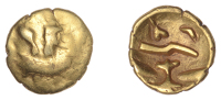 British Iron Age, GALLO-BELGIC, Uninscribed issues, gold Quarter-Stater, series D [Boat Tree type], 'two men in a...