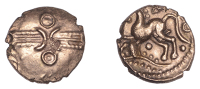 British Iron Age, TRINOVANTES, Dubnovellaunos (5 BC - AD 10), gold Quarter-Stater, Trefoil type, wreath, two opposed...
