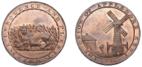 18th Century Tokens, KENT, Appledore, William Peckham, Halfpenny, 1794, man carrying sack to windmill, rev. lion and...