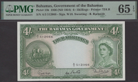 Bahamas Government, 4 Shillings, ND (1954), serial number A/3 512066, Higgs, Sweeting and Burnside signatures, in...