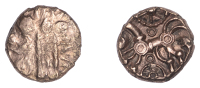 British Iron Age, EAST WILTSHIRE, Uninscribed issues, gold Quarter-Stater, Whiltshire wheels type, degraded wreath...