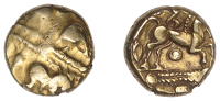 British Iron Age, CATUVELLAUNI, Uninscribed issues, gold Stater, British F [Late Whaddon Chase type], wreath and...