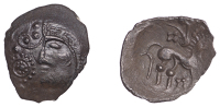 British Iron Age, ICENI, Uninscribed issues, silver Unit, Bury type, female head left, wearing elaborate diadem,...