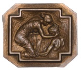 FRANCE, Croix-Rouge [1909], a uniface répousse bronze plaque by R. Lalique, kneeling nurse dressing a soldier's...