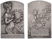 FRANCE, Muse avec Couronne [Muse with Crown], c. 1900, a plated bronze award plaque by H. Kautsch, robed female...