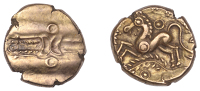 British Iron Age, TRINOVANTES, Dubnovellaunos (c. 5 BC - AD 10), gold Stater, Early [Annulate Head] type, wreath,...