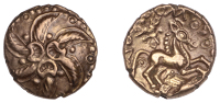 British Iron Age, CATUVELLAUNI, Addedomaros (c. 45-25 BC), gold Stater, Spiral type, six-armed wreath spiral, three...