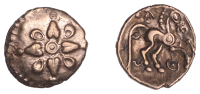 British Iron Age, CATUVELLAUNI, Addedomaros (c. 45-25 BC), gold Quarter-Stater, Floral [Cruciform] type, flower of...