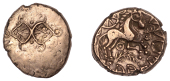 British Iron Age, CATUVELLAUNI, Addedomaros (c. 45-25 BC), gold Stater, Shell Wheel type, back to back crescents on...