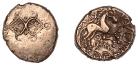British Iron Age, CATUVELLAUNI, Addedomaros (c. 45-25 BC), gold Stater, Shell Wheel type, back to back crescents on...