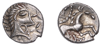 British Iron Age, ICENI, Uninscribed issues, silver Unit, Norfolk God [Moustache] type, stylised male head right,...