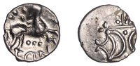 British Iron Age, ICENI, Ecen (c. AD 10-43), silver Unit, Corn Ear type, double crescent emblem on vertical wreath,...
