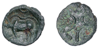 British Iron Age, CATUVELLAUNI, Tasciovanus (c. 25 BC - AD 10), bronze Unit, Boar [Left] type, wreath crossed by...