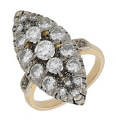 A diamond ring, the marquise-shaped plaque set with single and brilliant-cut diamonds, between similarly-set...