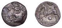 British Iron Age, ICENI, Early Uninscribed issues, silver Unit, Bury Diadem type, female head left, wearing diadem,...
