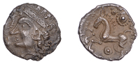British Iron Age, ICENI, Early Uninscribed issues, silver Unit, Bury Diadem type, female head left, wearing diadem,...
