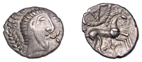 British Iron Age, ICENI, Uninscribed issues, silver Unit, Norfolk God [Small Head] type, stylised male head right,...