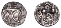 British Iron Age, ICENI, Anted (c. AD 10-30), silver Unit, Antd D-Bar type, double crescent emblem on vertical...