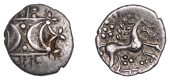 British Iron Age, ICENI, Anted (c. AD 10-30), silver Unit, Antd D-Bar type, double crescent emblem on vertical...