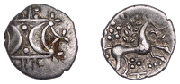 British Iron Age, ICENI, Anted (c. AD 10-30), silver Unit, Antd D-Bar type, double crescent emblem on vertical...