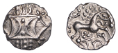 British Iron Age, ICENI, Anted (c. AD 10-30), silver Unit, Antd D-Bar type, double crescent emblem on vertical...