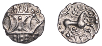 British Iron Age, ICENI, Anted (c. AD 10-30), silver Unit, Antd D-Bar type, double crescent emblem on vertical...