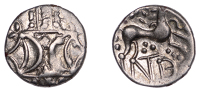 British Iron Age, ICENI, Anted (c. AD 10-30), silver Unit, Antd D-Bar type, double crescent emblem on vertical...