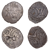 British Iron Age, ICENI, Anted (c. AD 10-30), silver Units (2), Antd D-Bar type, double crescent emblem on vertical...
