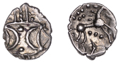 British Iron Age, ICENI, Ecen (c. AD 10-43), silver Unit, Symbol type [Y-Type], double crescent emblem on vertical...